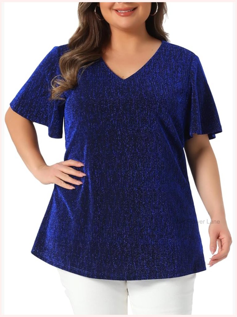 Plus Size Metallic V Neck Short Sleeve Party Top Glitter Blouse